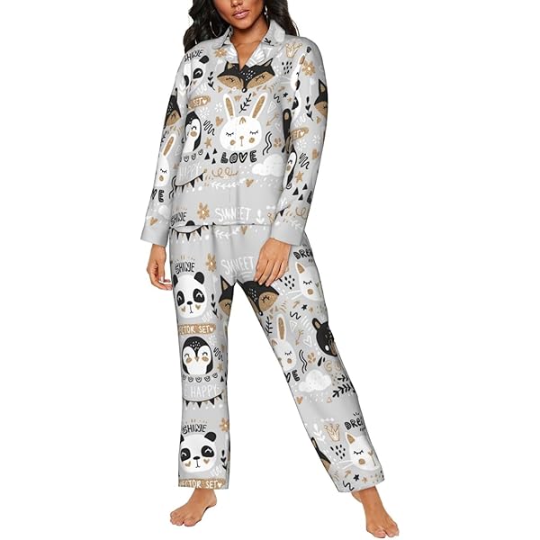 【MOODMOON】Animal Long Sleeve Pajama Set Pajamas for Women Set - Classic Cute Cartoon Cat Nightwear