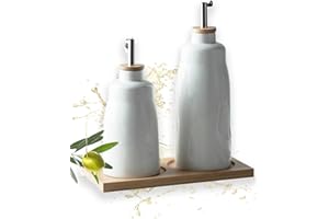 Ceramic Olive Oil Vinegar Dispenser Bottle Set with Bamboo Tray, 10 OZ and 16 OZ Porcelain Oil Container, for Kitchen Cooking