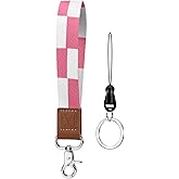 YAVVOZH Keychain Wristlet, Short Key Chain for Women Men, Soft Wrist Keychain Lanyard Strap for Keys Car Key Phone Wallet, Plaid Pink