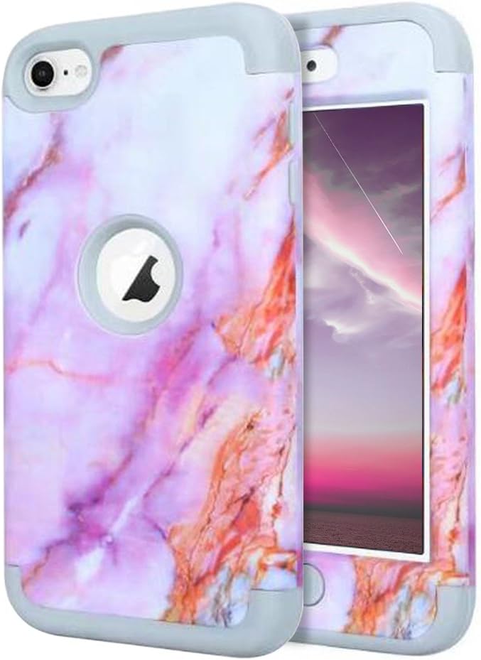 Dailylux iPod Touch 7 Case,iPod Touch 5 Case,iPod Touch 6 Case,3in1 Hybrid Impact Resistant Shockproof Hard Soft Silicone Protective Cover for Apple iPod Touch 5/6/7th Generation Girls/Boy-Marble Pink