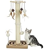 PEEKAB Cat Scratching Post Sisal Scratch Posts for Indoor Cats and Kittens,with Tracking Ball Interactive Toys and Hanging Balls 25 Inches Beige