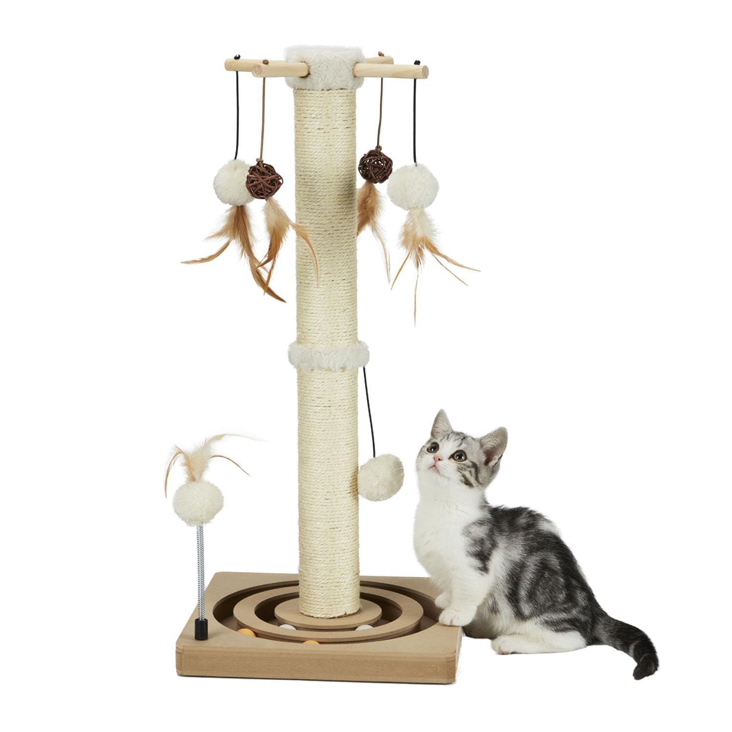 Photo 1 of PEEKAB Cat Scratching Post Sisal Scratch Posts for Indoor Cats and Kittens with Tracking Ball Interactive Toys and Hanging Balls 25 Inches Beige