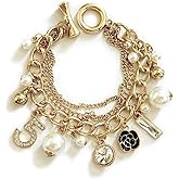 7.2in-Number gold charm bracelet - designer inspired fashion jewelry for women with pearl flower stack - chunky accessories
