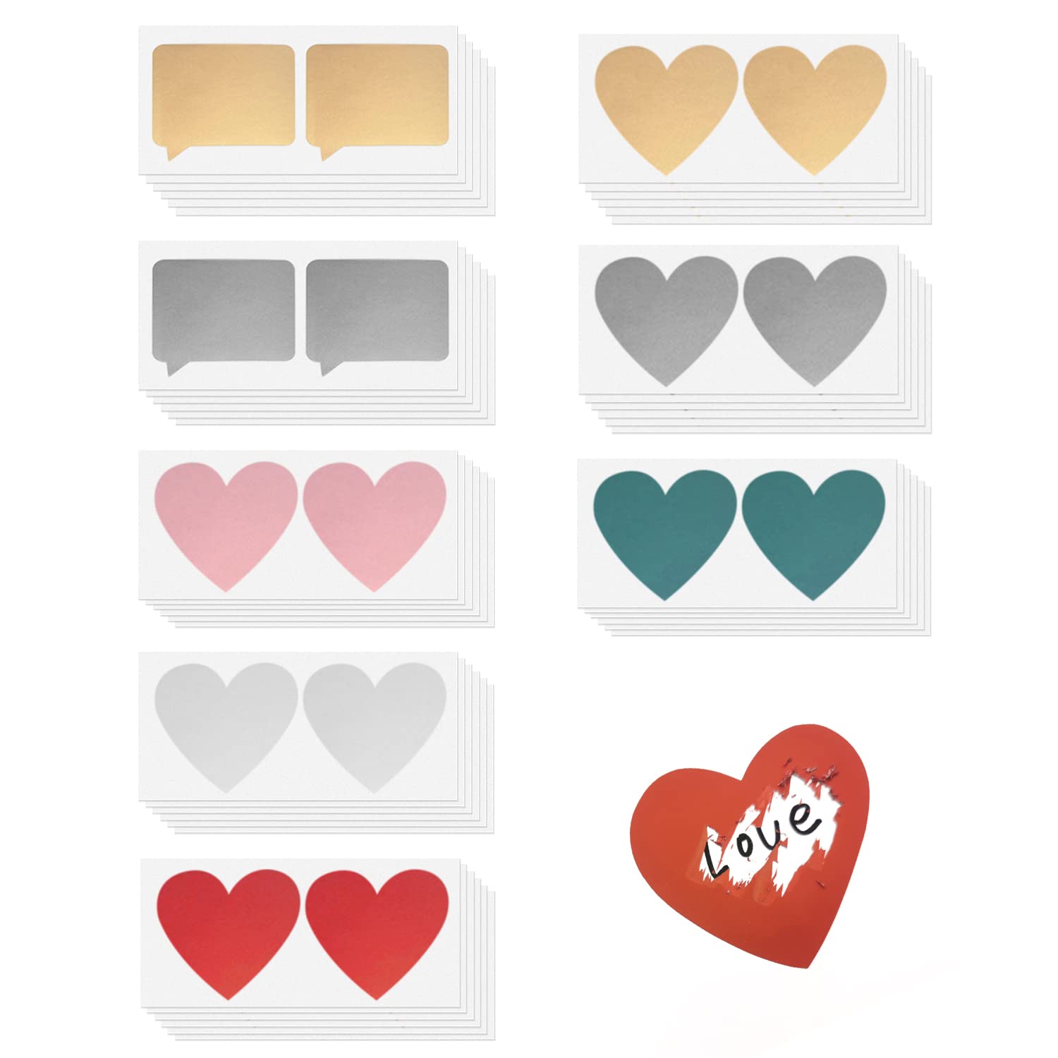 96 DIY Scratch Cards - Heart-Shaped Labels, Pink, Silver, Gold - Wedding & Confession Gifts