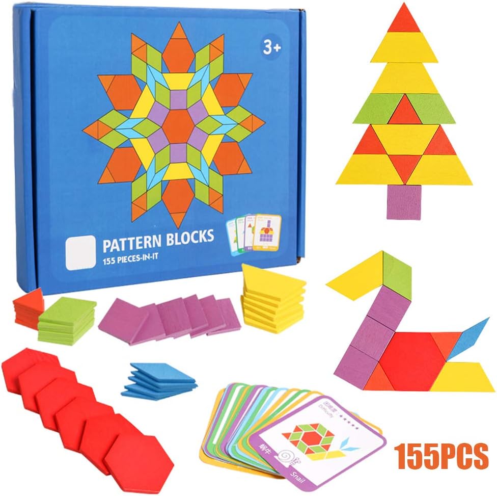 155 Pcs Wooden Pattern Blocks Set Geometric Shape Puzzle Kindergarten Classic Educational Montessori Tangram Brain Teasers STEM Toys for Kids Ages 4-8 with 24 Pcs Design Cards