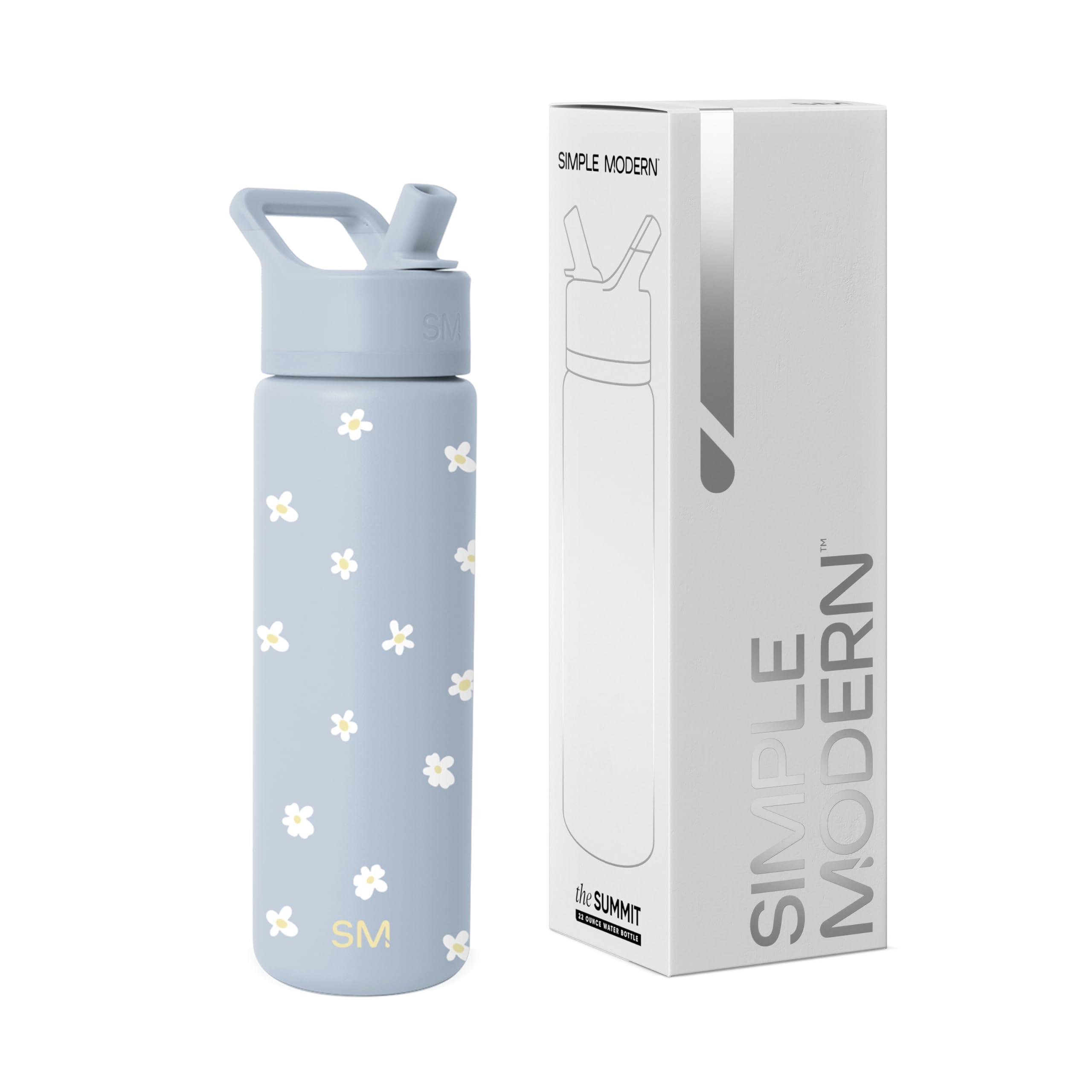 Simple Modern Water Bottle with Straw Lid | Vacuum Insulated Stainless Steel Metal | Reusable Leak Proof BPA-Free Cup for School | Summit Collection | 22oz, Sweet Daisy on Blue Image