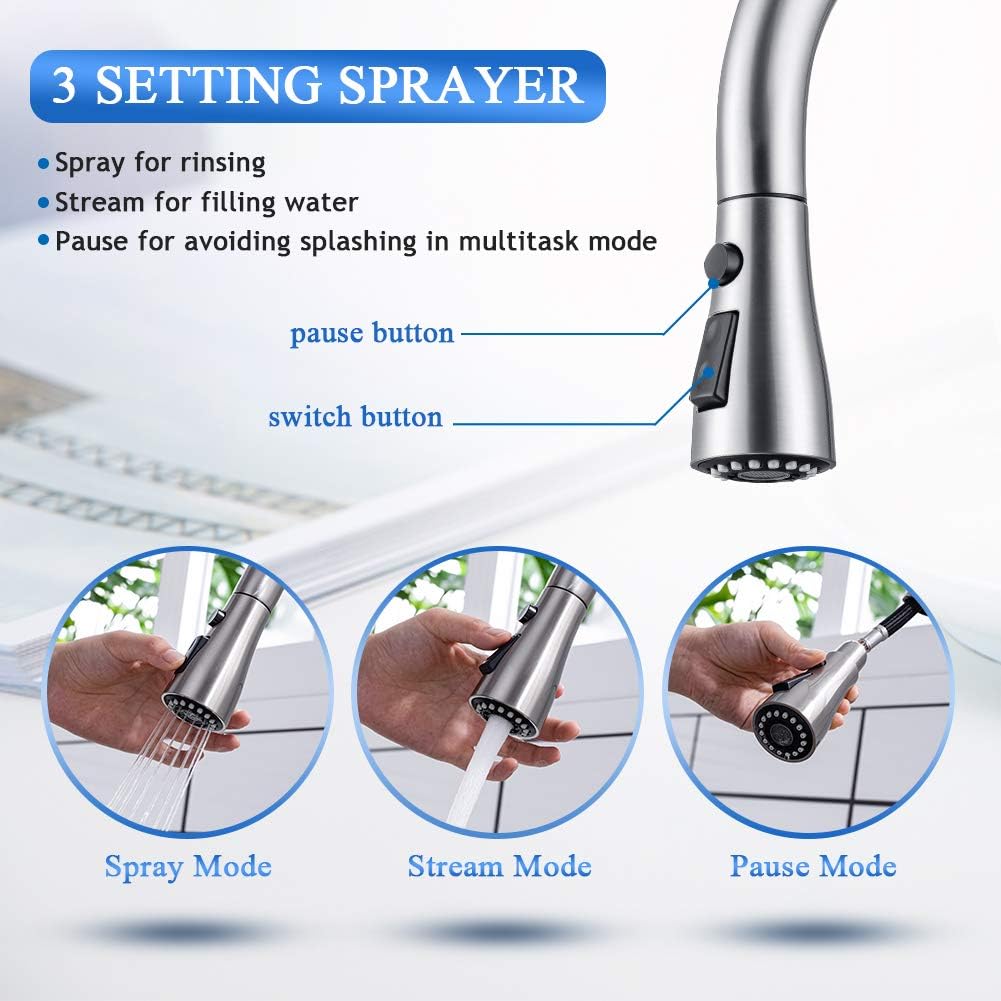 Kitchen Faucet, Kitchen Sink Faucet Arofa Single Handle Stainless Steel Brushed Nickel Pull Down Kitchen Faucet with Sprayer - - 