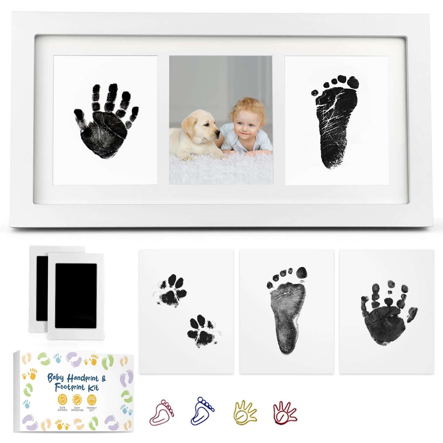 MOXTOYU Baby Hand and Footprint Kit, 2 Clean-Touch Framed Photo Kit with 6 Imprint Cards, Non-Toxic to Newborn Baby with 4 Cute Clips, Perfect New Baby Gift, White