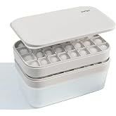 yuriya Ice Cube Tray Set with Lid &amp; Bin, 2 Silicone Trays (32-Cube Each, 64 Total), Easy-Release, Stackable, Leak-Proof, Dishwasher Safe, Sand Beige