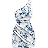 Floerns Women's One Shoulder Boho Floral Print Sleeveless Ruched Side Bodycon Mini Short Dress
