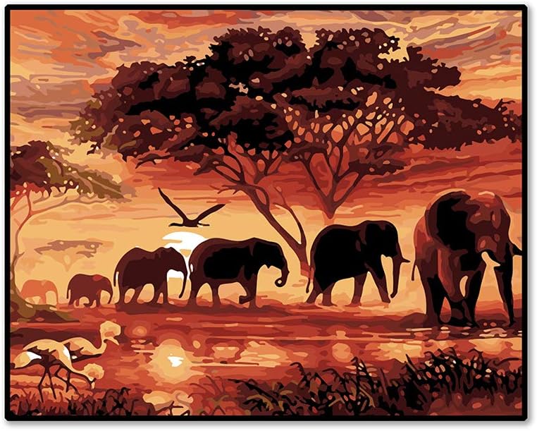 comeslele Paint by Number Kits Sunset Elephant Herd DIY Full Resin Diamond Painting Cross Stitch Home Decor