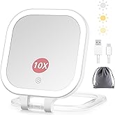 DESCHEN Rechargeable Travel Makeup Vanity Mirror with Lights and Magnification, 7" Portable 1X/10X Magnifying Mirror with 3 Color Light, Lighted Makeup Mirror with Magnification, Folding LED Mirror