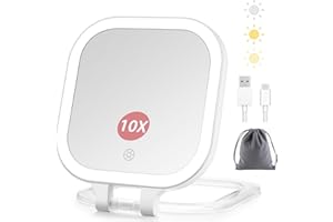 DESCHEN Rechargeable Travel Makeup Vanity Mirror with Lights and Magnification, Portable 1X/10X Magnifying Mirror with 3 Color Light, Lighted Makeup Mirror with Magnification, Folding LED Desk Mirror