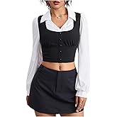 MakeMeChic Women's Collared Long Sleeve Crop Blouse Colorblock Office Work Tops