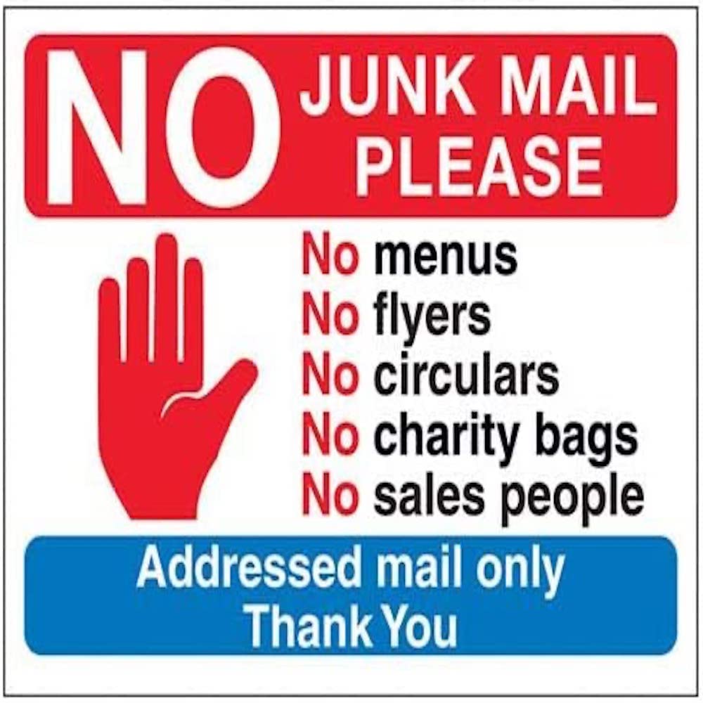 V Safety Stop Hand: No Junk Mail Please, Thank You Sign - 200mm x 150mm - Self Adhesive Vinyl