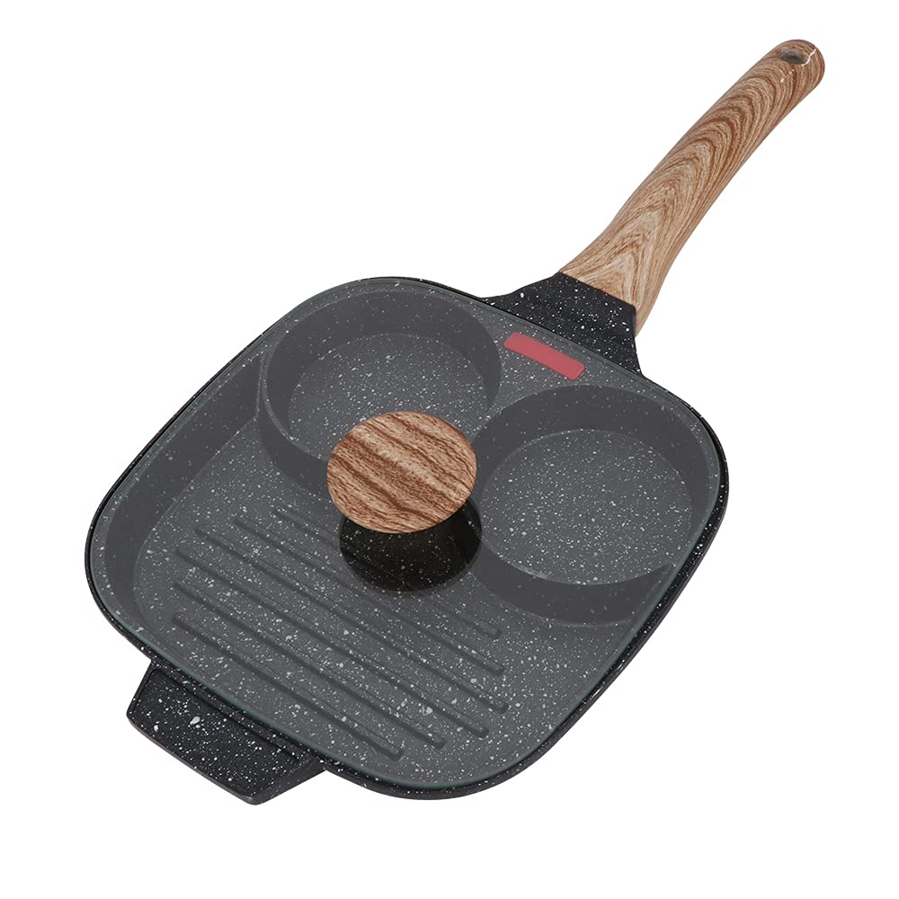 Bobikuke Divided Frying Pan 24 cm, Non Stick Fried Egg Pan with Lid All in One Pan, 3 in 1 Multi Section Breakfast Skillet