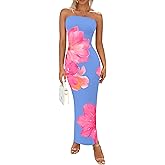 PRETTYGARDEN Women Summer Strapless Maxi Dress Bodycon Floral Sexy Long Wedding Guest Dress Formal Tube Mesh Cocktail Dresses