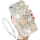 Designed for iPhone 16E Case 6.1" with Wrist Strap, Sparkly Crystal Rhinestone for Women Girls Luxury Glitter Shiny Gemstone 3D and Flower Gemstone Soft TPU Back Cover for iPhone SE 4 Case