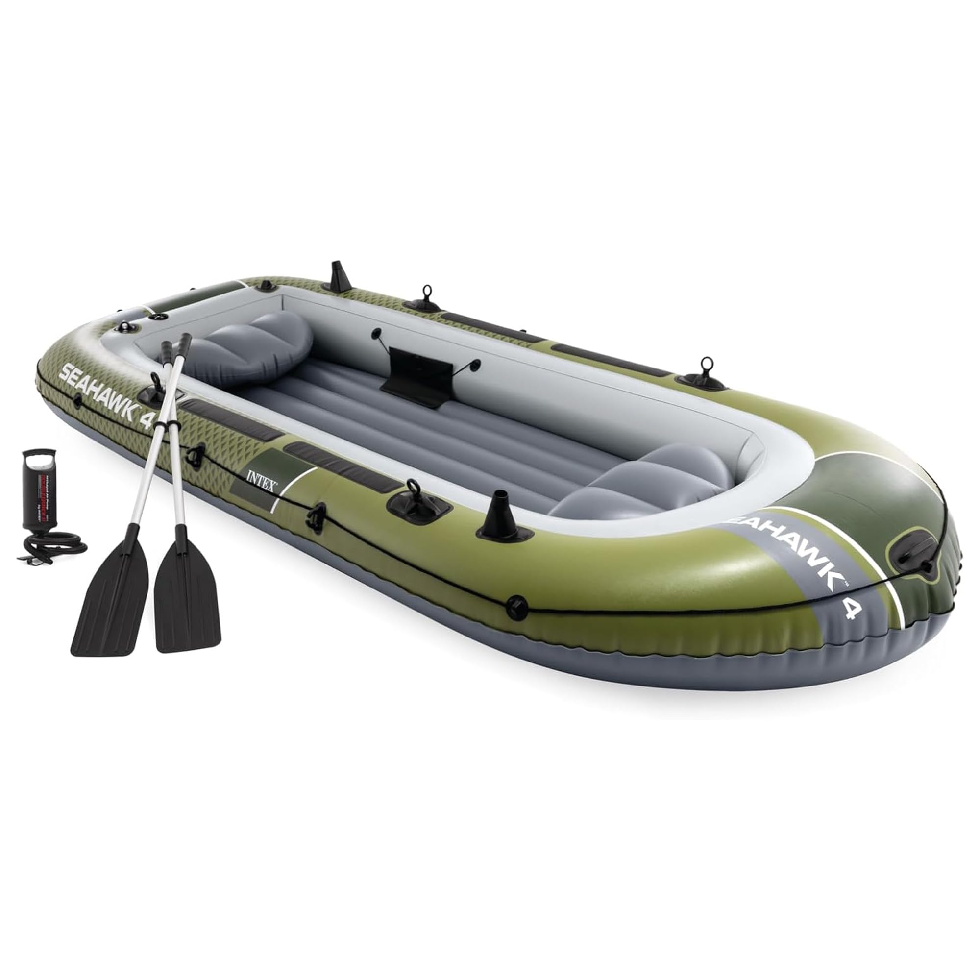 INTEX 66334EP Seahawk 4 Inflatable Boat Set: Includes Deluxe 54in Aluminum Oars and High-Output Pump – SuperStrong PVC – Fishing Rod Holders – 4-Person – 1050lb Weight Capacity Image