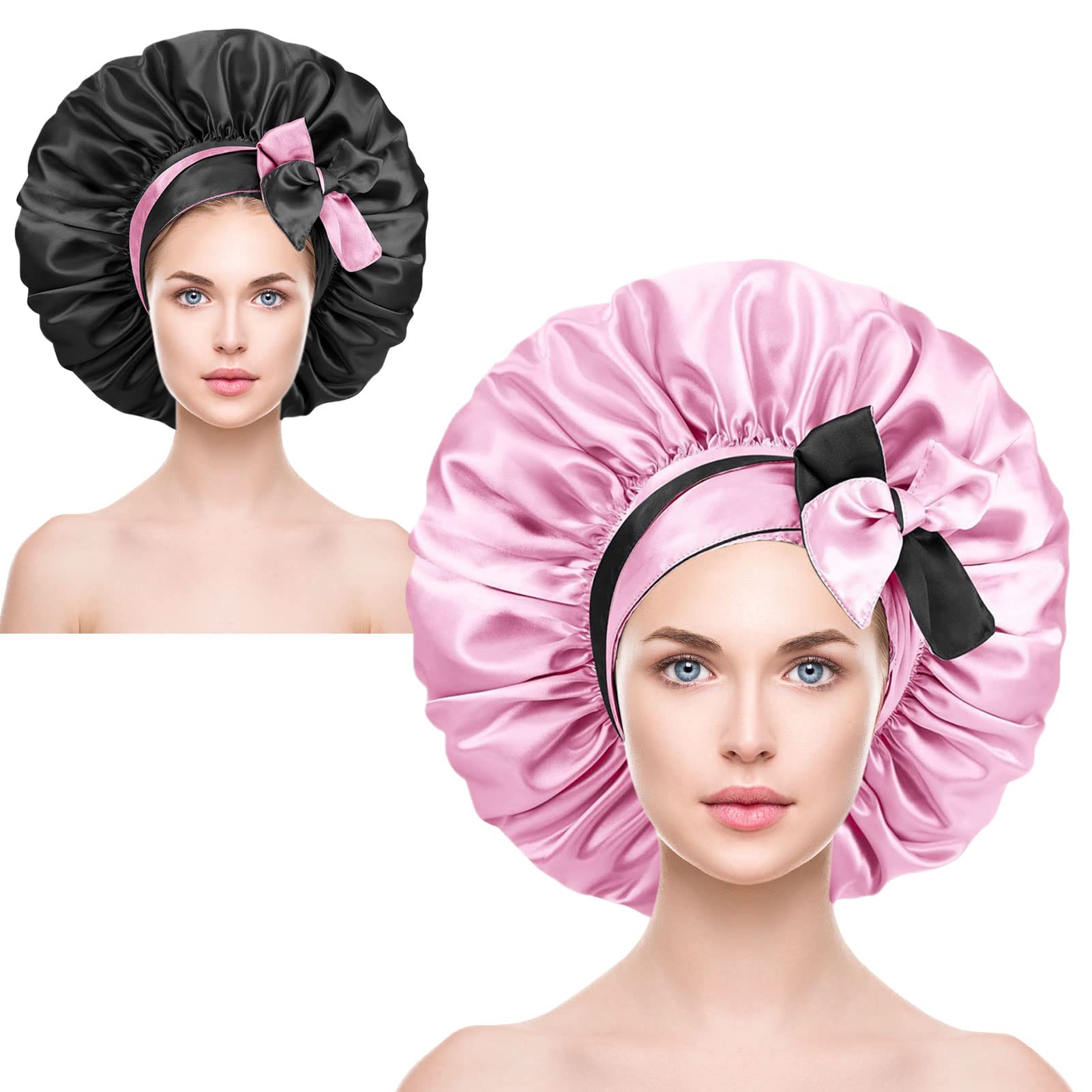 1PC Silk Satin Bonnet Hair Bonnet with Tie Band Silk Hair Wrap for Sleeping Extra Large Silk Bonnet Sleep Cap Adjustable Double Sided Reversible Nightcap for Long Curly Hair Black Women Braids Care