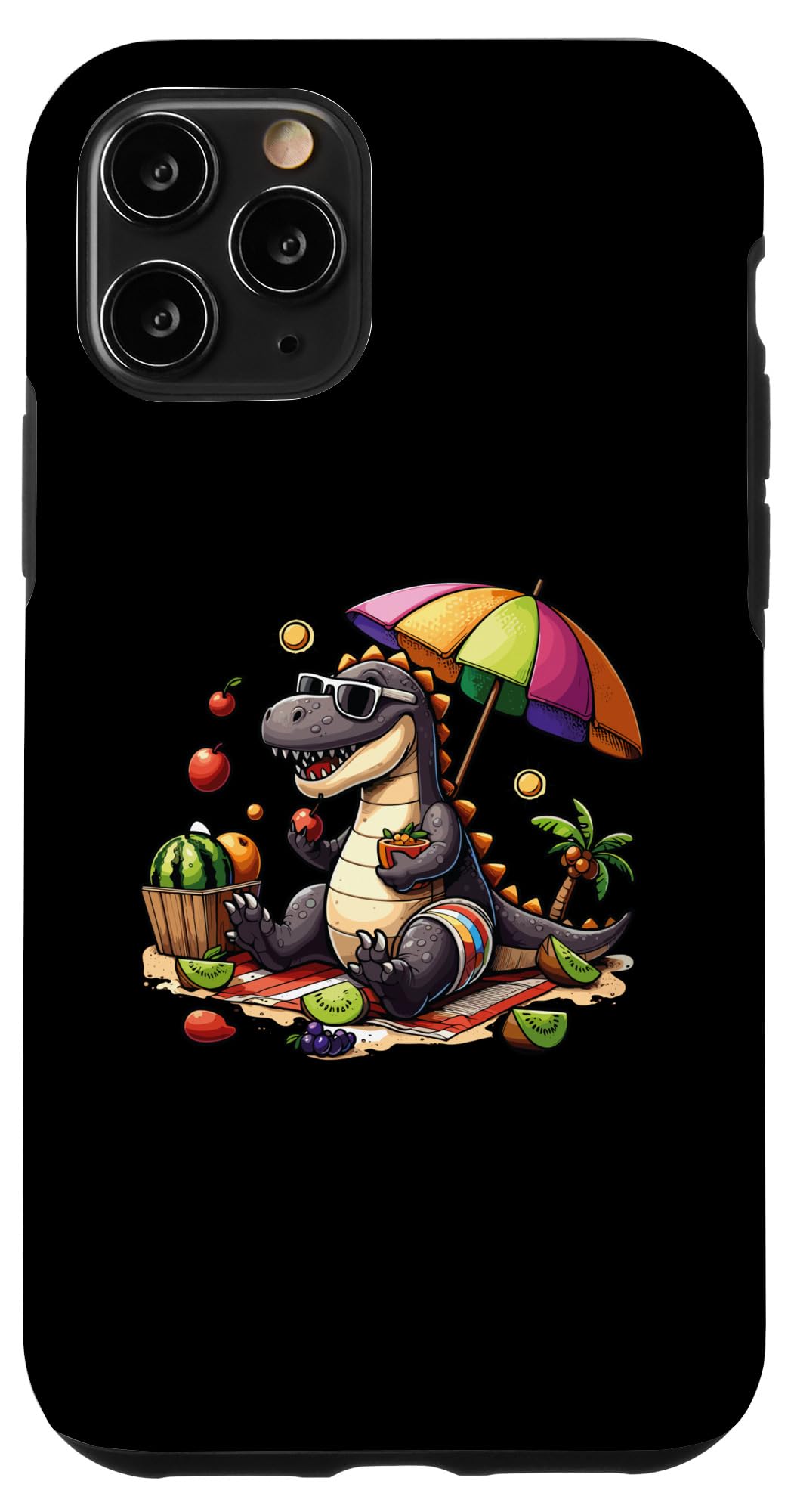 iPhone 11 Pro Dinosaur Wears Summer Clothes & Sunglasses,Holding An Apple Case