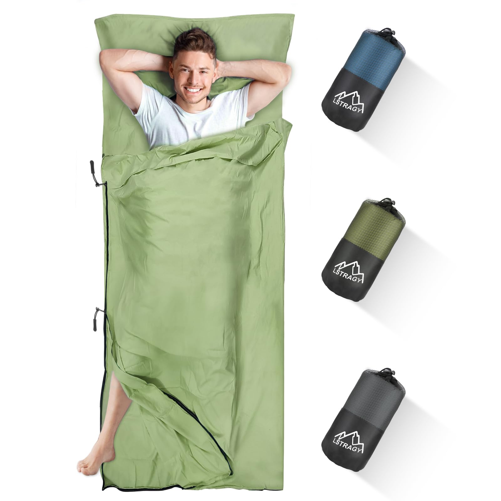 LSTRAGY Sleeping Bag Liner with Pillow Slot,Portable Lightweight Sleeping Bag Liners with Two Way Zippers,220x95cm Travel Sheet for Backpacking, Hostels, Huts Camping Essentials(Green)