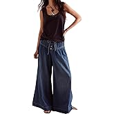 loveimgs Women Y2k Pleated Baggy Jeans Elastic Waist Wide Leg Denim Pants Palazzo Cargo Barrel Jeans Drawstring
