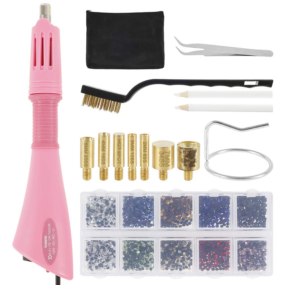 14 Pcs Iron-on Hotfix Applicator Tool Kit Hotfix Rhinestone Setting Wand Tool Set with 2000 pcs Round Crystal Rhinestones/Storage Box/Tweezer/Gems Picking Pen