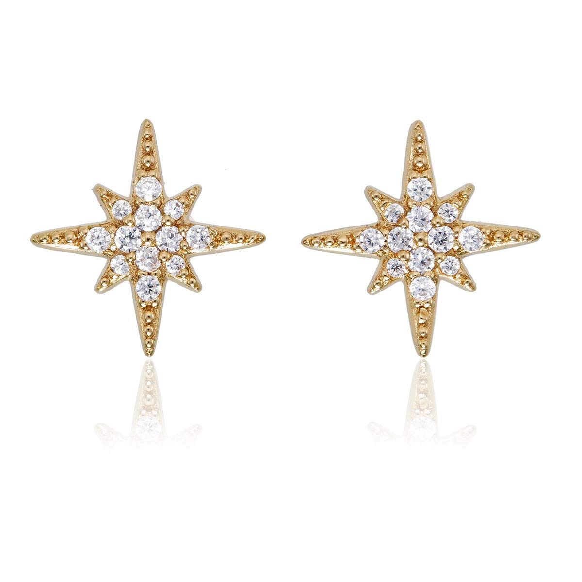 Diamond Treats Sparkling Gold Star Stud Earrings With Cubic Zirconia Stones in 925 Sterling Silver for Women and Teen Girls, Dainty North Star Jewellery