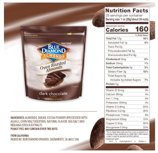 BLUE DIAMOND ALMONDS OVEN ROASTED DARK CHOCOLATE FLAVORED SNACK NUTS, 25 OZ RESEALABLE BAG (PACK OF 1)