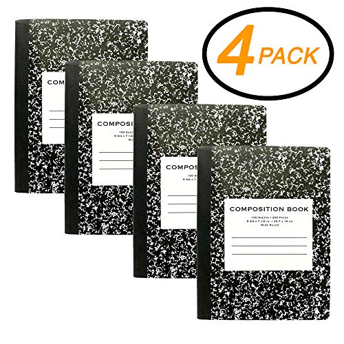 Emraw Composition Book Office Dairy Note Books 100 Sheet Wide Ruled Paper Meeting Notebook Journals Hard Cover Black Marble - Pack of 4 Writing Book for School