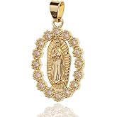 Virgin Mary Simulated Diamonds Necklace,14k Gold-Filled Round Medal Madonna Pendant Necklace
