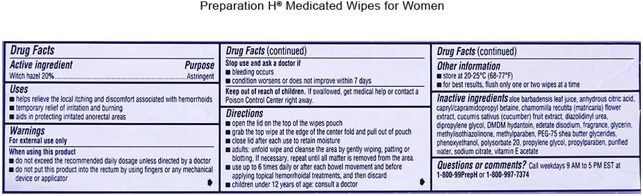 Preparation H Women’s Flushable Medicated Hemorrhoid Wipes, Burning and Itching Relief with Cucumber, Aloe, Vitamin E, Shea Butter and Chamomile, Package (48 Count): Health & Personal Care