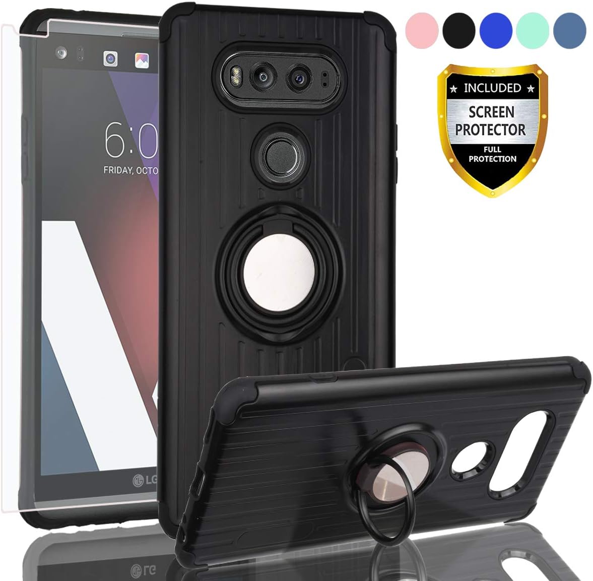 AYMECL LG V20 Phone Case,LG V20 Case with HD Screen Protector,360 Degree Rotating Ring Holder Travel Case Scratchproof Cover for LG V20-SH Black