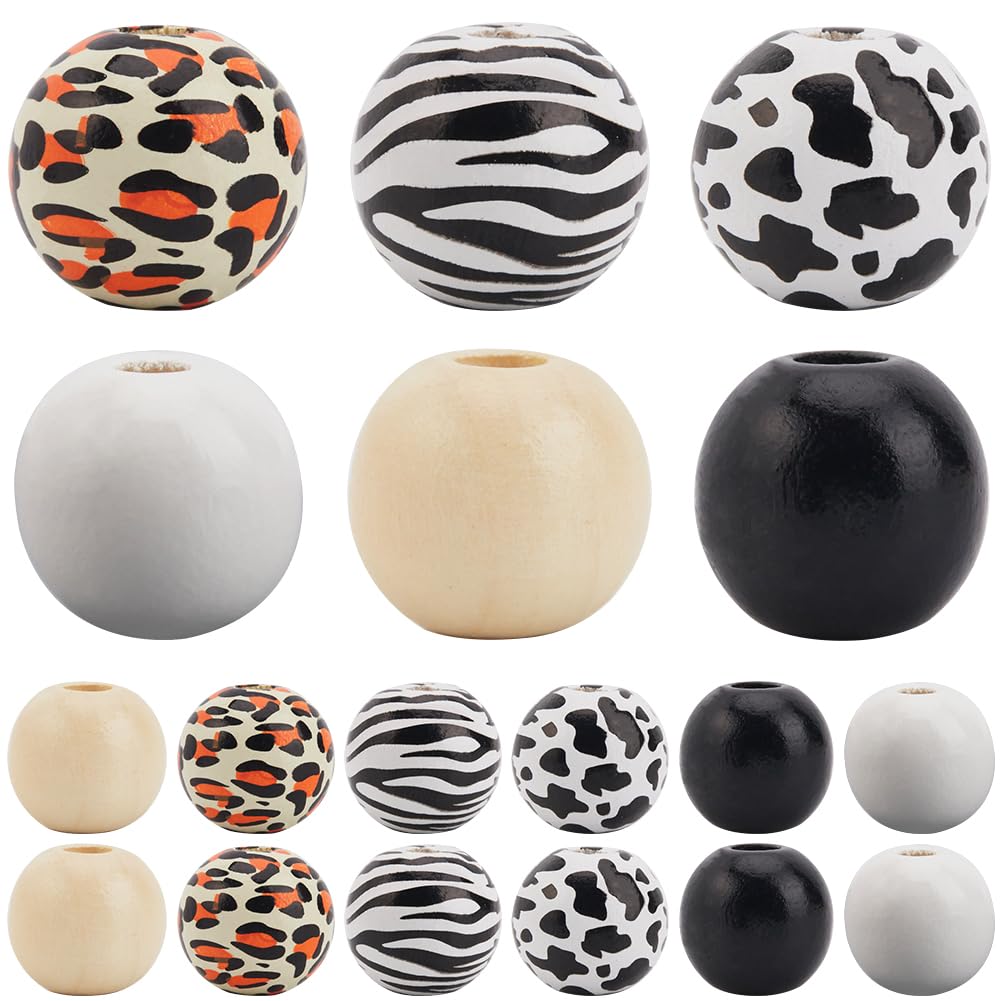 SOFPLATE 240pcs 16mm Black and White Wood Beads Cow Beads Wooden Zebra Leopard Print Round Natural Wooden Spacer Loose Bead for jewellery Making Assorted Farmhouse Home Decoration DIY Crafts Supplies