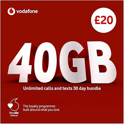 Vodafone UK PAYG SIM Card £20 Bundle 40GB Unlimited Mins Texts Love 2 Surf