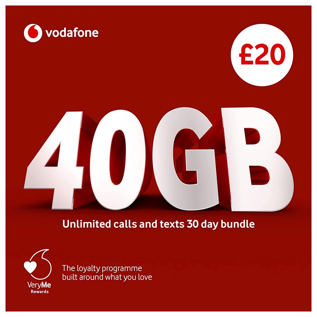 Vodafone SIM Card UK PREPAID PAYG £20 Bundle - 40GB + Unlimited Mins & Texts