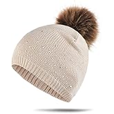 Sparkle Cable Knit Hat Pom Pom Beanie Skull Stocking Hat Cuff Beanie Cap for Ladies
