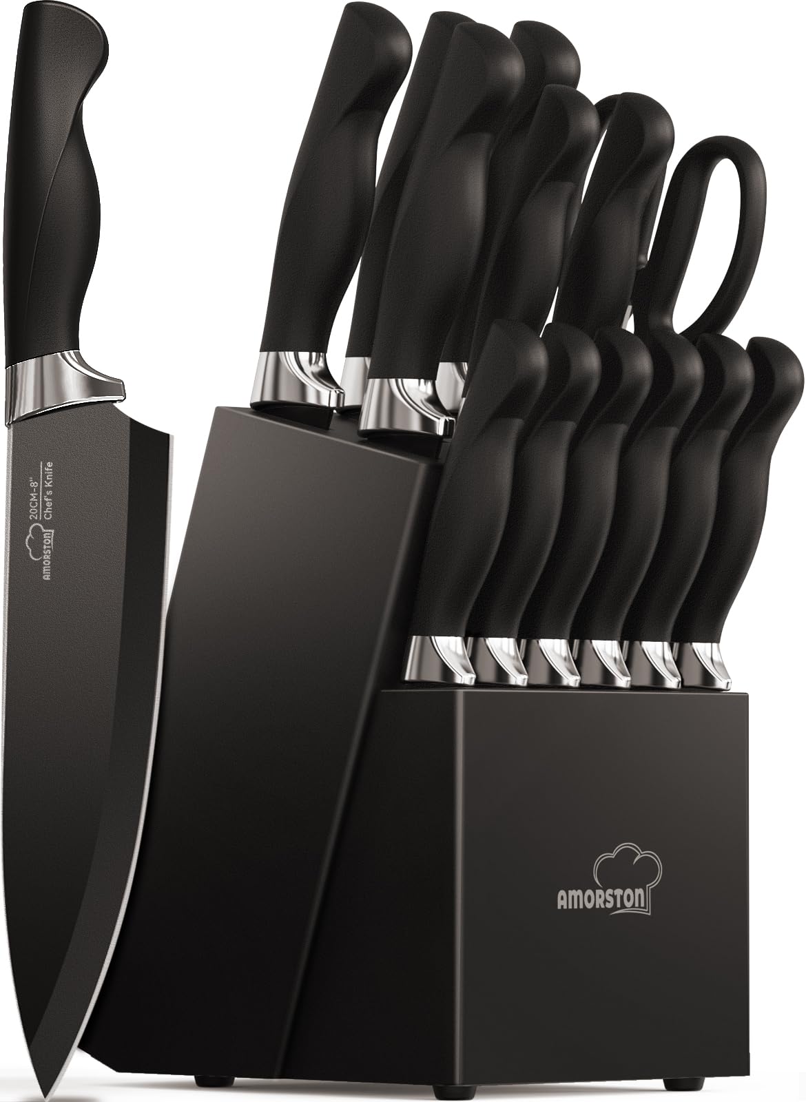 Knife Set, Amorston 15 Pieces Knife Sets for Kitchen with Block, Dishwasher Safe Kitchen Knife Set with Built in Sharpener Block, German Stainless Steel Knife Block Set, Black Image