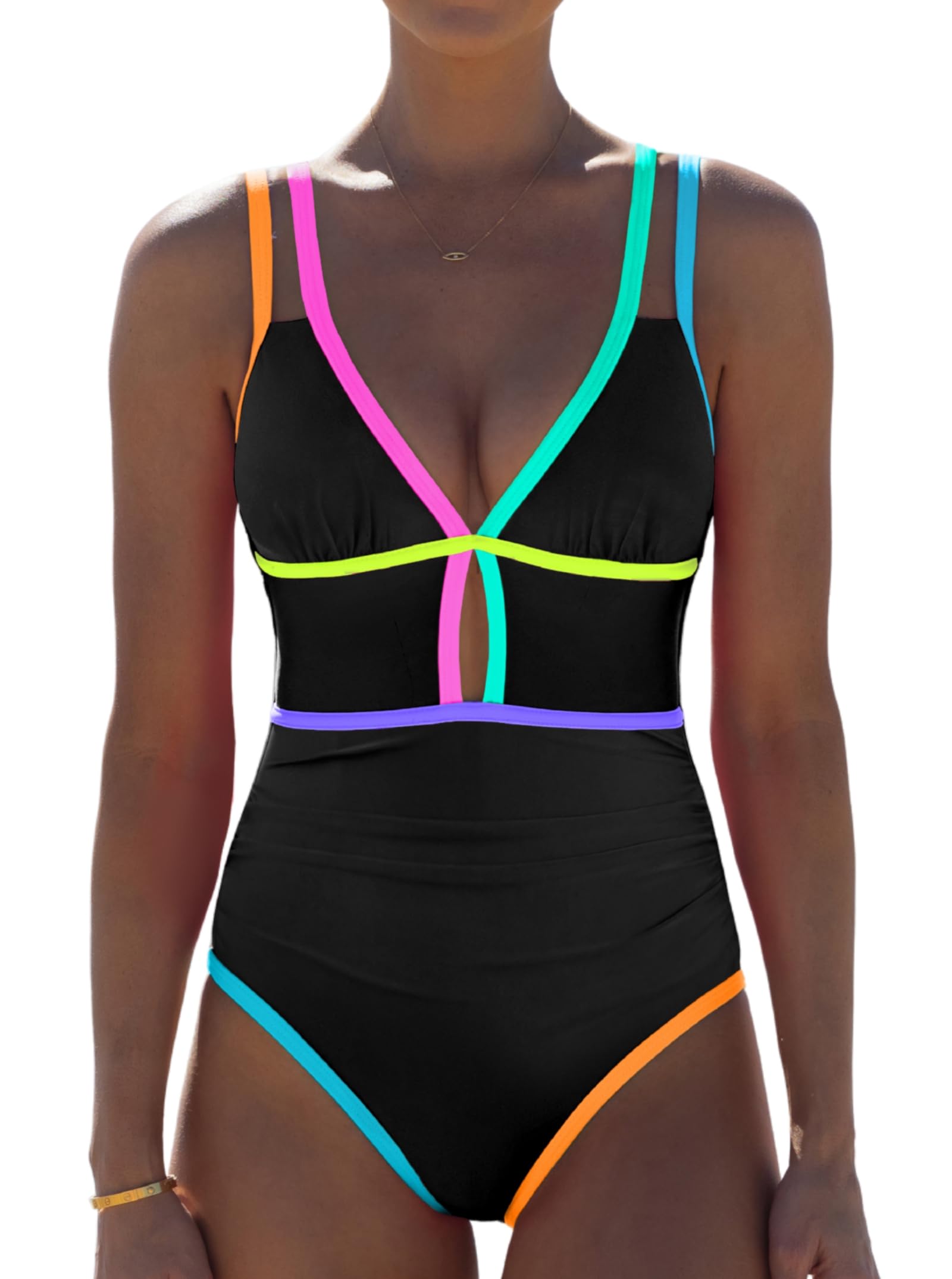 Photo 1 of popvil Women One Piece Swimsuit 2025 Tummy Control Sexy Cutout Neon Color Block Bathing Suit Deep V Neck Adjustable Swimwear, Black2, X-Large