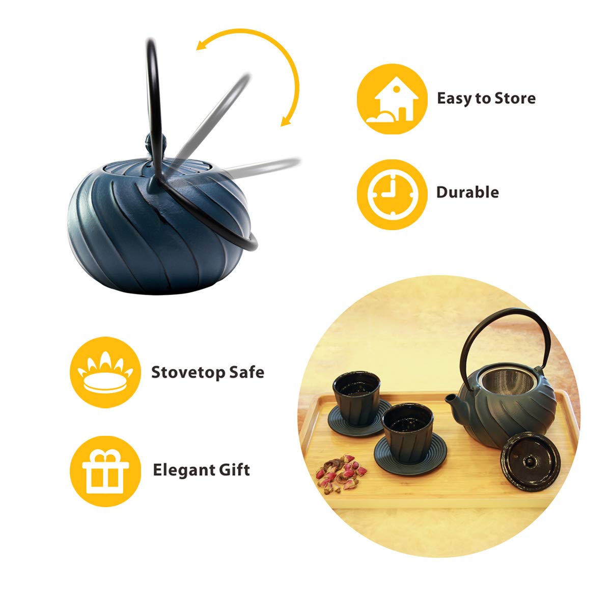 Tea Kettle, TOPTIER Japanese Cast Iron Teapot with Stainless Steel Tea Infuser | Durable Cast Iron Kettle Set [Wave Design] Coated with Full Enameled Interior for 30 Ounce / 900 ml, Navy Blue
