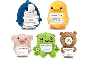 AICOOFEST 5 Pcs Positive Crochet Animals Positive Duck Shark with Stand Handmade Emotional Support Crochet Plush Dolls with Inspirational Card Cute Funny Men Women Gifts for Xmax Graduation Birthday Decoration