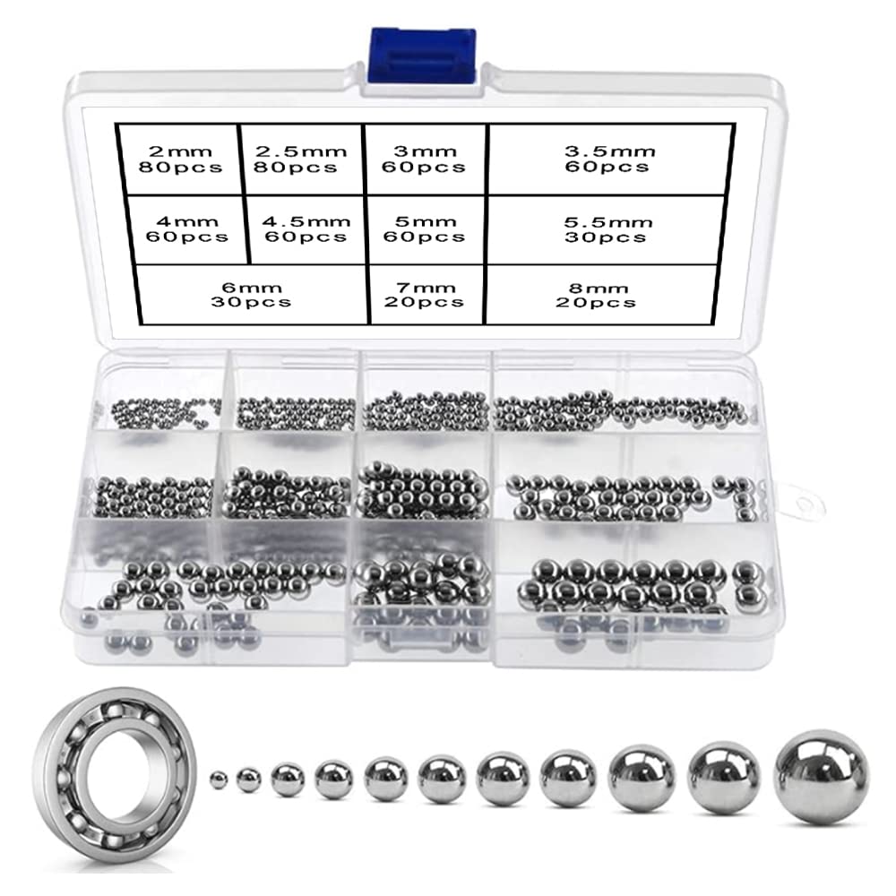 YIXISI 560 PCS 11 Size Metric Precision Bearing Steel Ball Assortment Kit, Agitator Ball for Caster, Conveyor, Bicycle, Skateboard Bearings, 2/2.5/3/3.5/4/4.5/5/5.5/6/7/8 mm