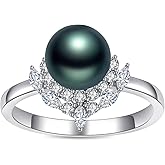 F4DEDAN Freshwater Black Pearl Ring for Women 18K White Gold Plated Sterling Silver 8-10mm AAAA Engagement Wedding Jewelry Anniversary Wedding Birthday Gifts for Mom Mother Wife