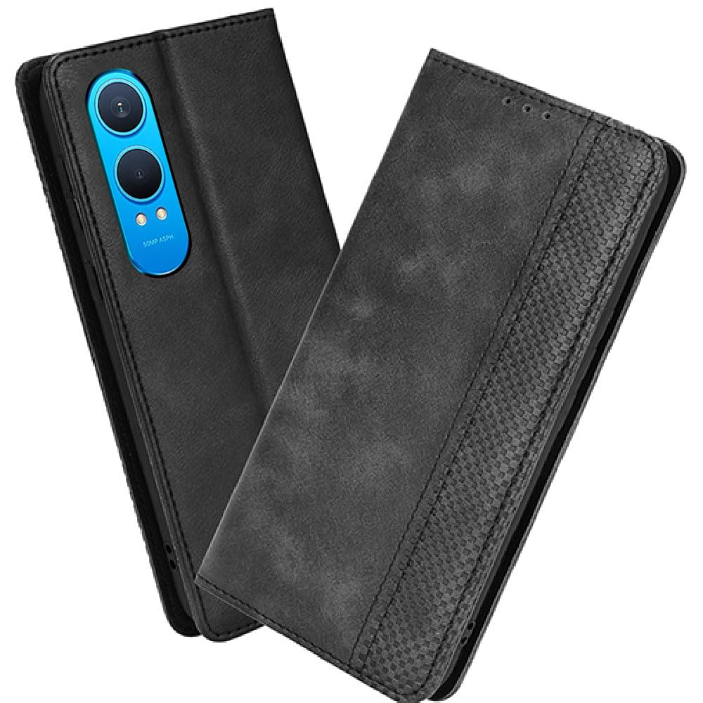 XINNI Protective Phone Case for OnePlus Nord CE4 Lite 5G, PU/TPU Vintage Flip Leather Shockproof Cover Magnetic Book Style Wallet, Black