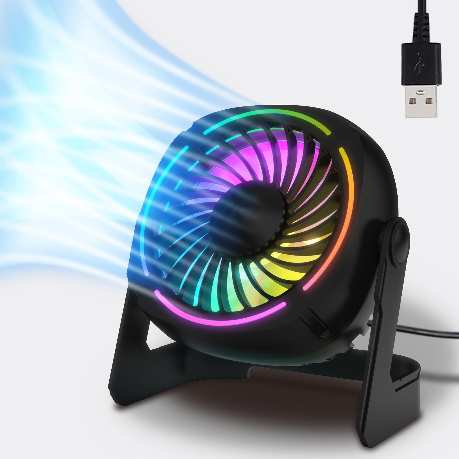 Small USB RGB Desk Fan Portable Table Fan with 3 Levels Air Flow,8 Color LED Lights, 360° Rotation,Quiet Mini Personal Fan for Home Office Desktop (UF-4B)