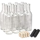 North Mountain Supply 750ml Glass Bordeaux Wine Bottle Flat-Bottomed Cork Finish - with #8 Premium Natural Corks & PVC Shrink Capsules - Case of 12