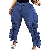 SperLucky Plus Size Jeans for Women Blue High Waisted Distressed Casual Jeans
