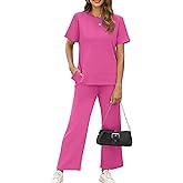 XIEERDUO Ladies Plus Size Two Piece Travel Outfits 2 Pc Lounge Set Summer Short Sleeve Tracksuit Wide Leg Loungewear Spring Sweatsuit Fashion Jumpsuit Vacation Clothes Pink 3XL