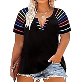 CARCOS Plus Size Tops for Women Short Sleeve Summer Pullover Color Block Crewneck/V Neck Tee Tunic Loose Fit Tshirts XL-5XL